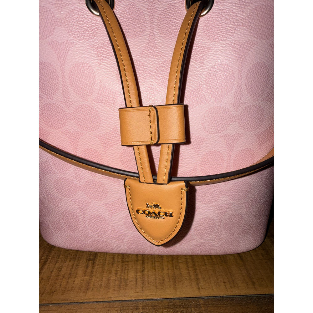 NWT Coach Bucket Bag Women's Medium Pink Signature Canvas Leather Crossbody - Picture 7 of 14
